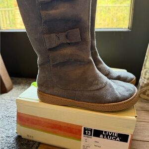 Livie & Luca Charcoal Suede Boots with Bow Accent